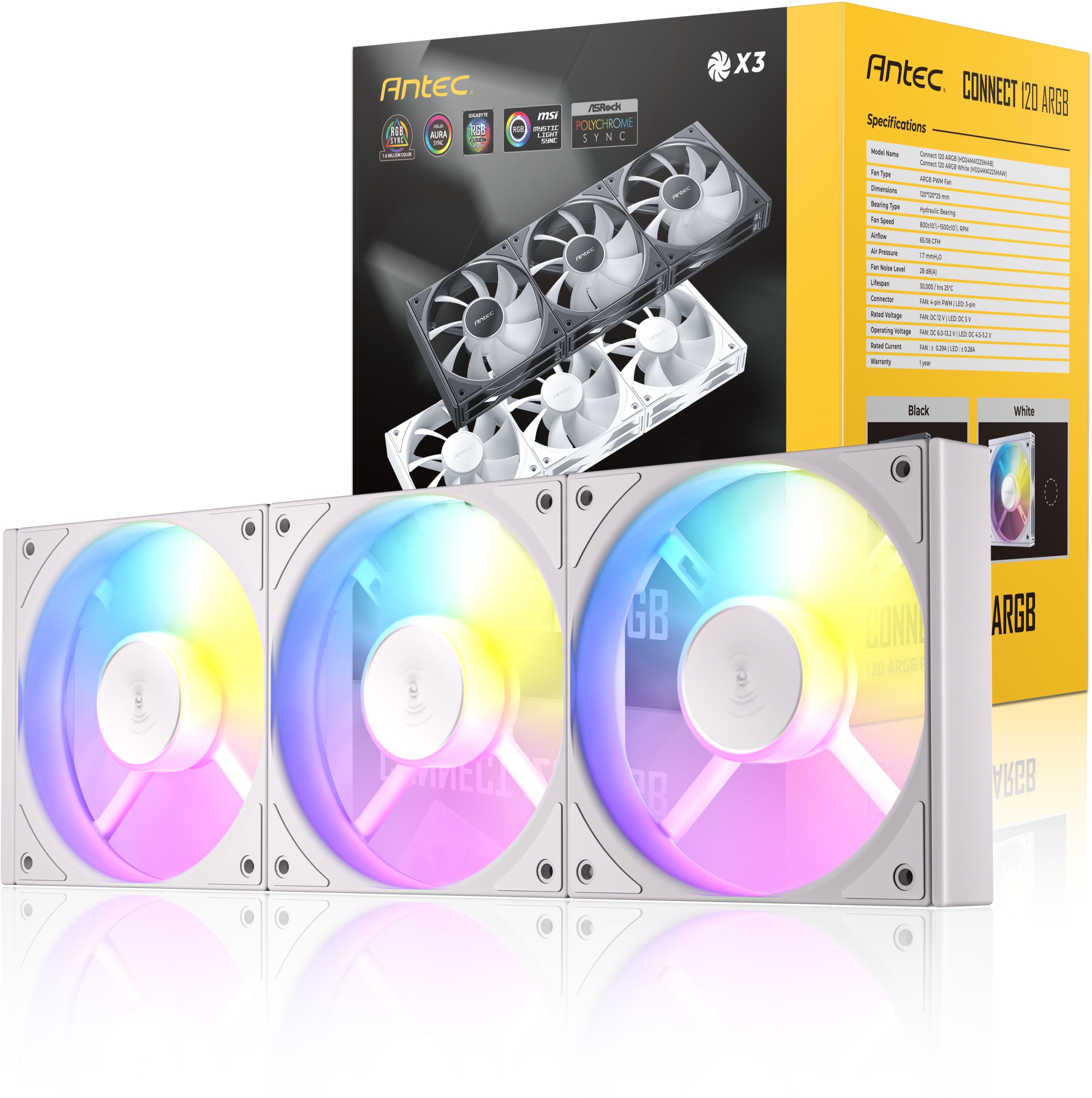 Antec Connect 120 ARGB 120mm 1500 RPM White PWM Case Fan - Triple Fan Pack