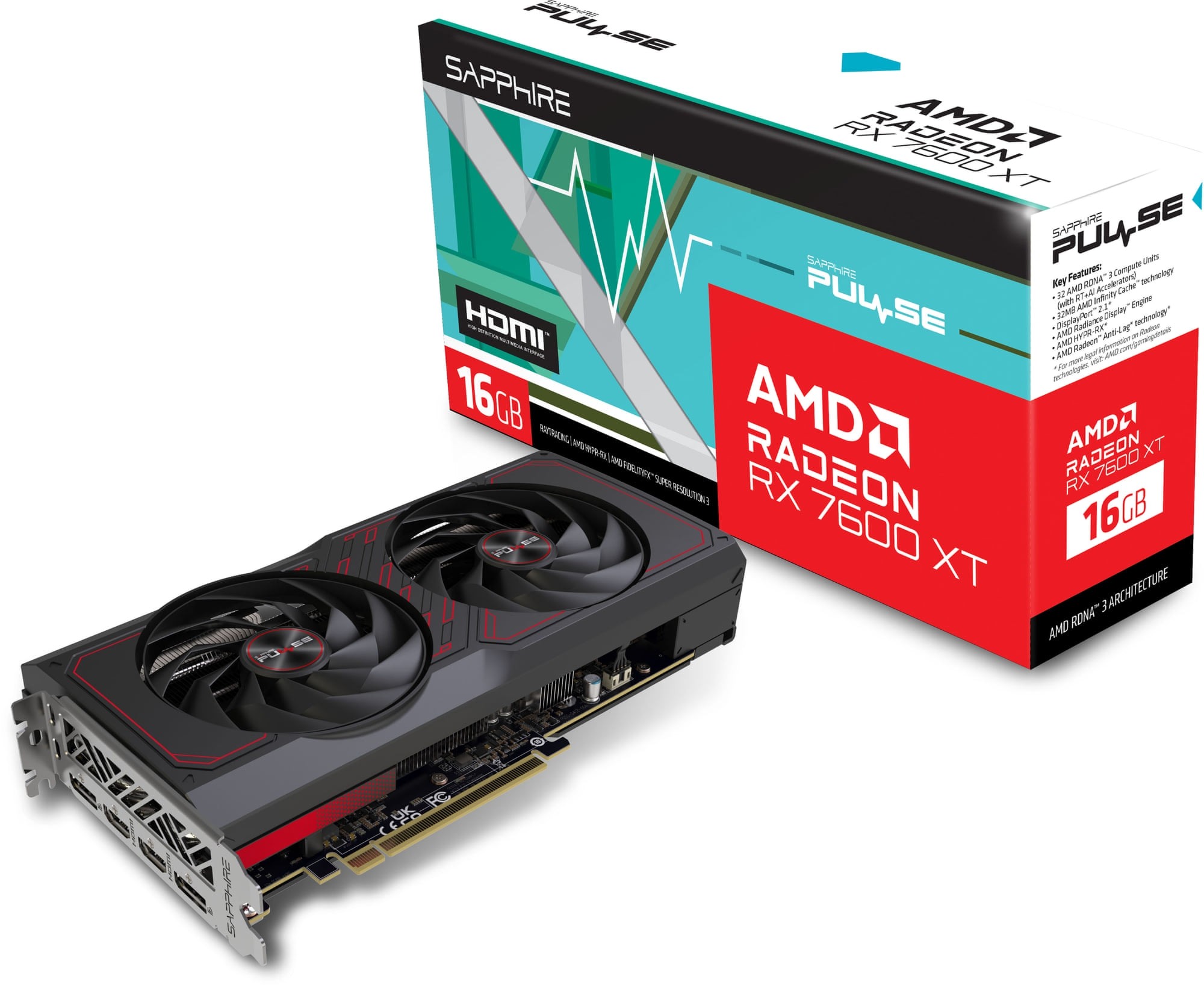 Sapphire Radeon RX 7600 XT PULSE 11339-04-20G 16GB GDDR6 128-Bit PCIe 4.0 Desktop Graphics Card
